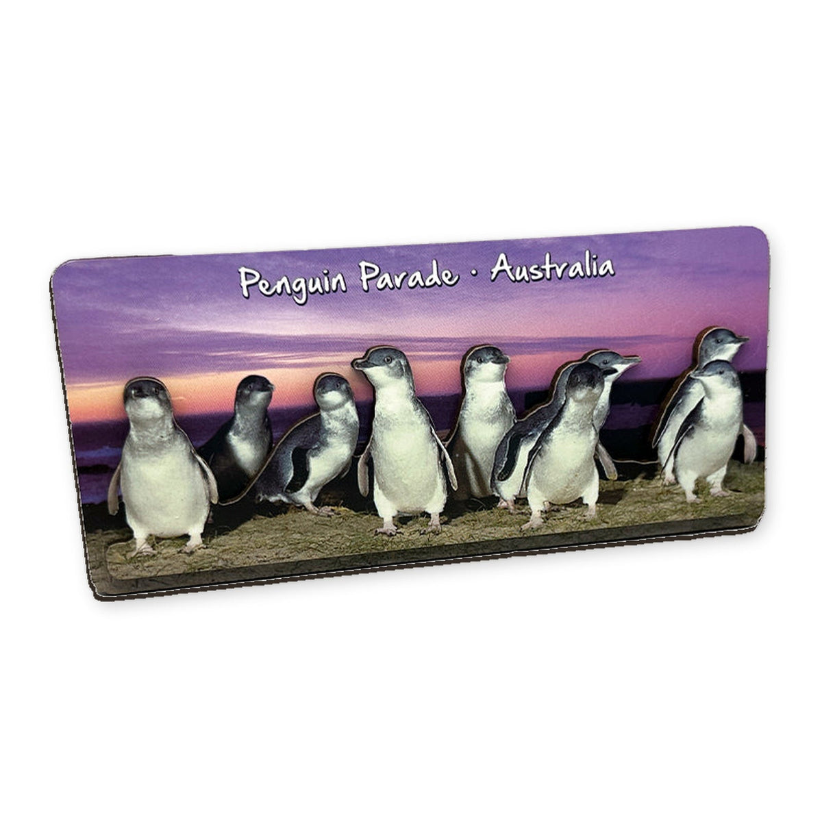 Penguin Parade Purple Sunset - 3D Wooden Magnet (L)