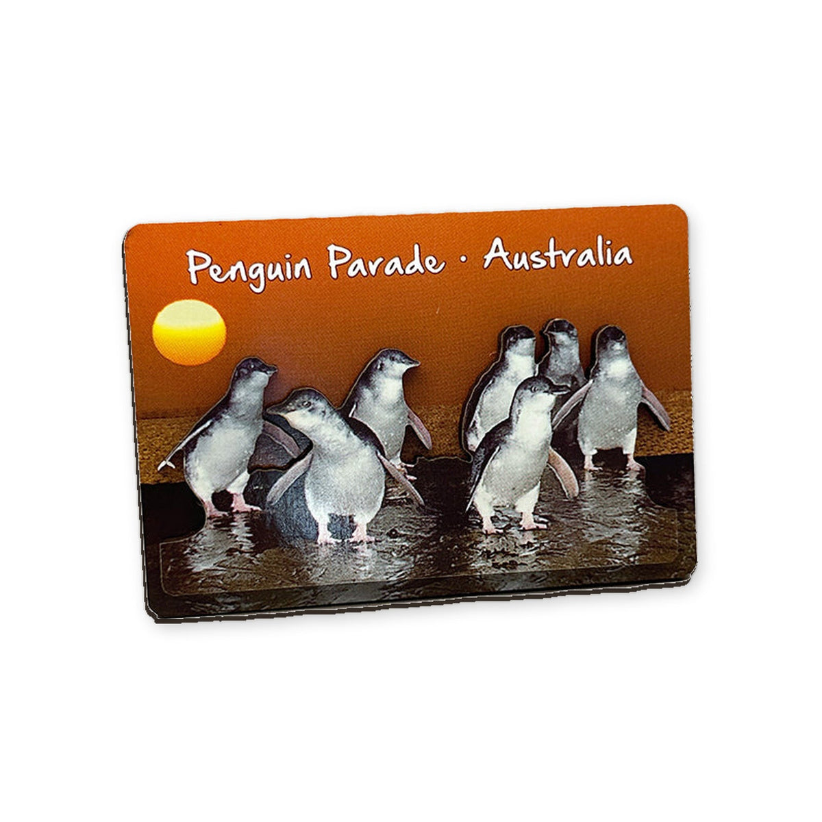 Penguin Parade orange sunset - 3D Wooden Magnet